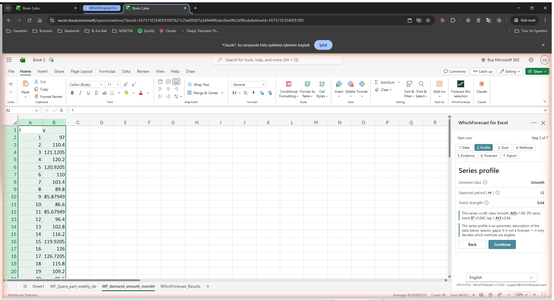 Series profile pane with trend and seasonality